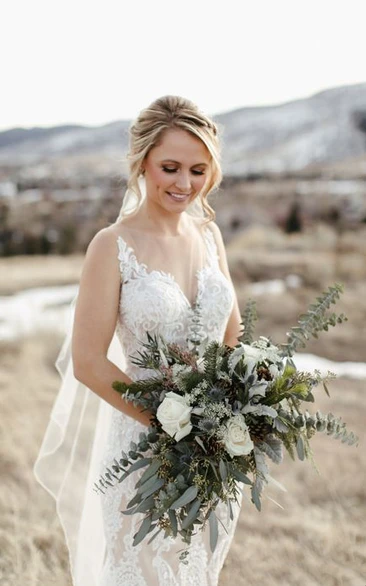 Country V-neck Sleeveless Lace Sheath Wedding Dress with Illussion Back