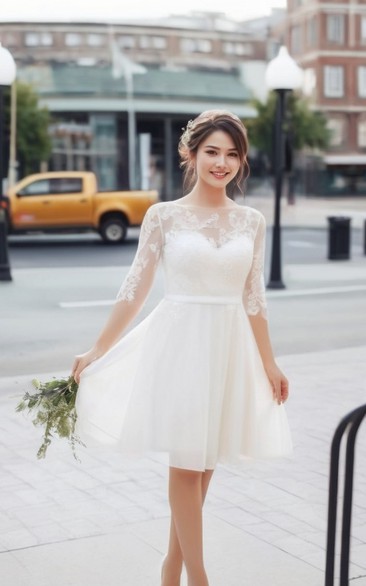 Lace Half-sleeve Bateau-neck Simple Empire Short Dress