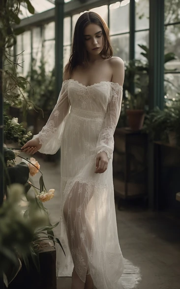 Puff-sleeve Off-the-shoulder Lace Ethereal Vintage Wedding Dress