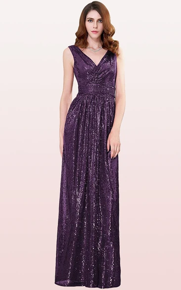 A Line Sequins V-neck Floor-length Bridesmaid Dress With Ruching