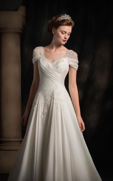 Elegant Cap Criss-cross Applique Ruched Empire Wedding Dress