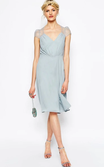 V-neck cap-sleeve Knee-length Chiffon Dress With Illusion Lace
