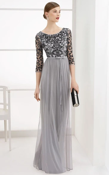 A-Line High Neck 3/4 Length Sleeve Floor-length Tulle Evening Dress with Open Back and Beaded Top