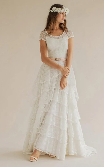 Boho Scoop Neck Cap Sleeve A-Line Tiered Weding Dress With Court Train