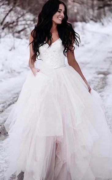 Sweetheart A-line Empire Tulle Draped Winter Lace Wedding Dress