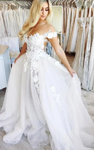 Lace Applique Off-the-shoulder Tulle A-line Flowy Elegant Illusion Wedding Dress