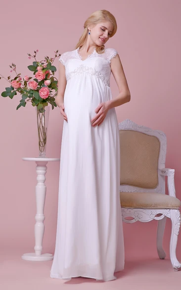 Chiffon Lace Top Waist A-Line Cap-Sleeved Gown