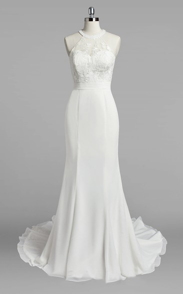 Chiffon Lace Bodice Mermaid Jewel-Neckline Wedding Gown