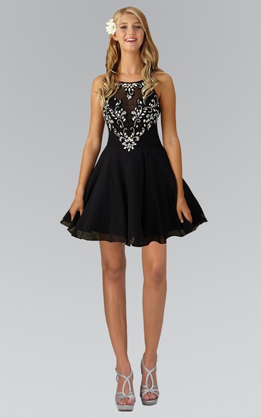 A-Line Mini Scoop-Neck Sleeveless Chiffon Straps Dress With Crystal Detailing
