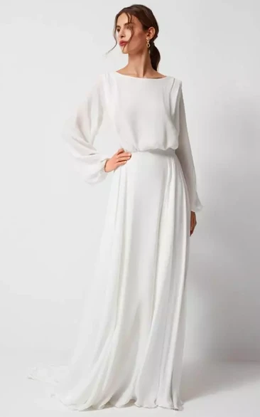 Chiffon Simple Sheath Long Sleeve Wedding Dress with Sweep Train and Front Split