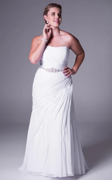 Strapless Chiffon Side-draped plus size Gown With Embellished Waist