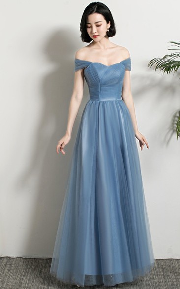 Off-the-shoulder V-neck One-shoulder Tulle Floor-length Formal Dress With Ruching