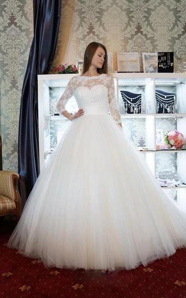 Long-Sleeve Lace Bridal Ball-Gown Princess Satin Tulle Dress