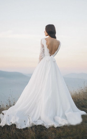 Illusion Long Sleeve Chiffon Wedding Dress With Deep V-back And Court Train