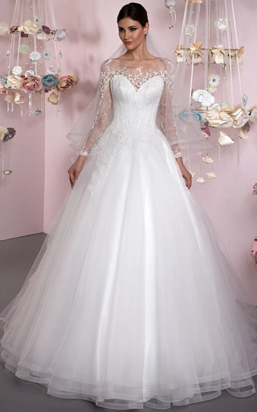 Scoop-neck Illusion Long Sleeve Tulle Ball Gown With Lace And Corset Back