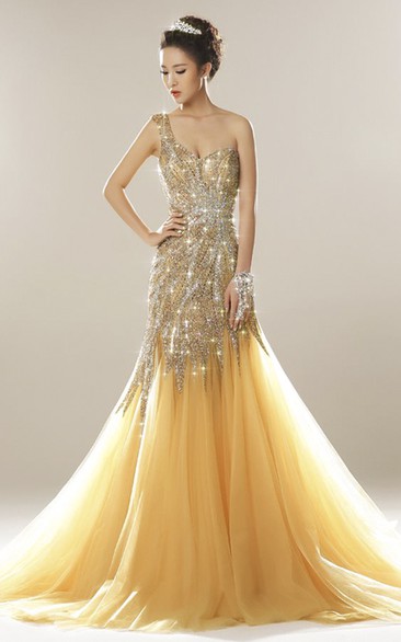 Luxury One Shoulder Open Back Tulle Mermaid Gown With Beading And Appliques