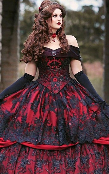 Gothic Black and Red Ball Gown Off-the-Shoulder Satin Wedding Dress with Appliques Tiers