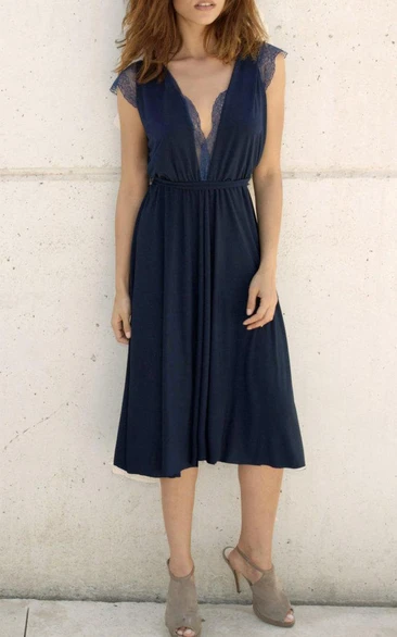 Plunged Chiffon Tea-length Dress With Lace Cap sleeves