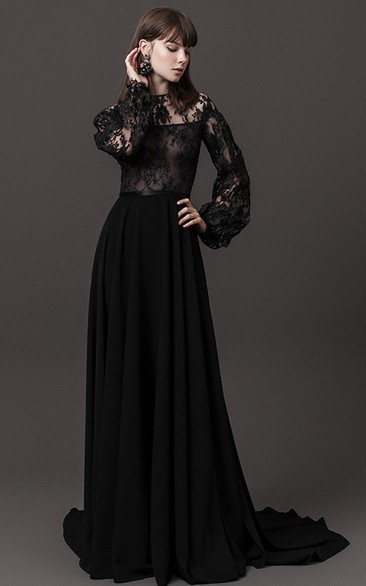 Casual Chiffon Jewel A Line Long Sleeve Floor-length Formal Dress with Ruching