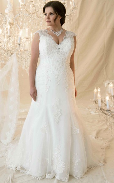 Cap-sleeve Lace Appliqued plus Wedding Dress With Corset Back And lace up