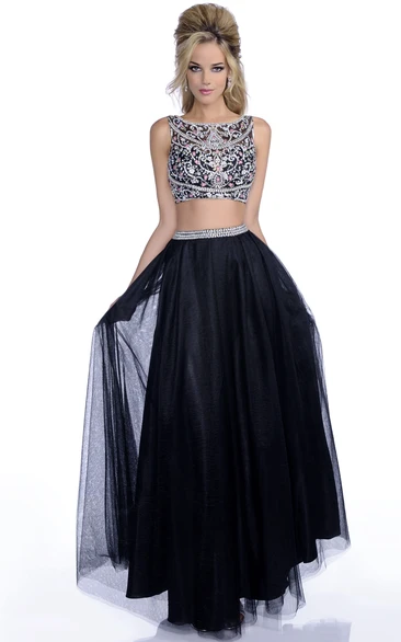 A-Line Jeweled-Bodice Tulle Crop-Top Sleeveless Bateau-Neck Formal Dress