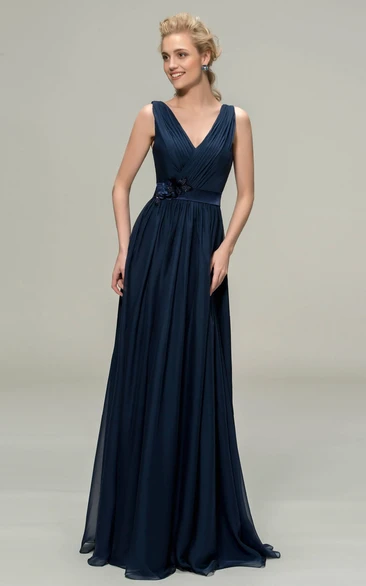 Ethereal V-neck Sleeveless Chiffon Floor-length Dress With Floral Appliques And Sash