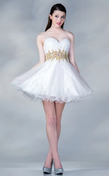 A-Line Waist Jeweler Ruffled Mini Sweetheart Sleeveless Strapless Satin Dress