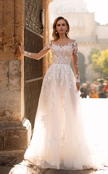 Ethereal Illusion Long Sleeve Lace Empire A-line Wedding Dress