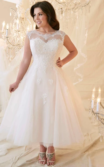 Tulle cap-sleeve Ankle-length Lace Wedding Dress With corset back