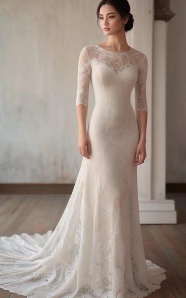 Lace Scoop-neck Half-sleeve Sheath Mermaid Court Train Wedding Dress