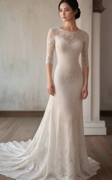 Lace Scoop-neck Half-sleeve Sheath Mermaid Court Train Wedding Dress