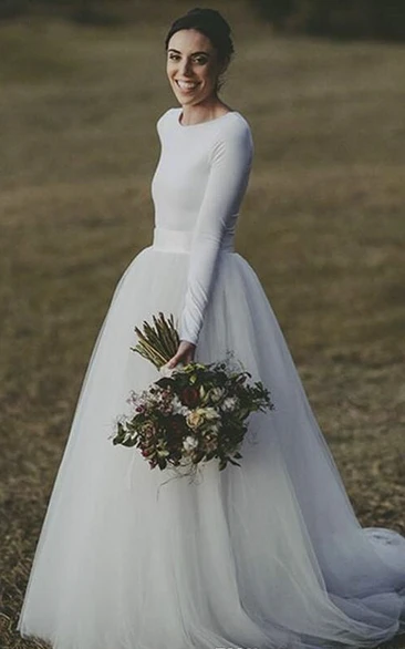 Fitted Modest Elegant Long Sleeve Jersey And Tulle Wedding Dress