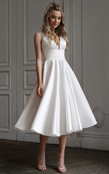 V-neck Sleeveless Empire Satin A-line Tea-length Low-v Back Wedding Dress