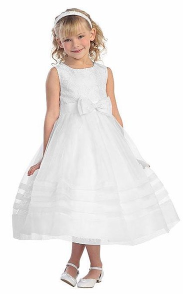 Layered Organza Pleated Tea-Length Lace Flower Girl Dress