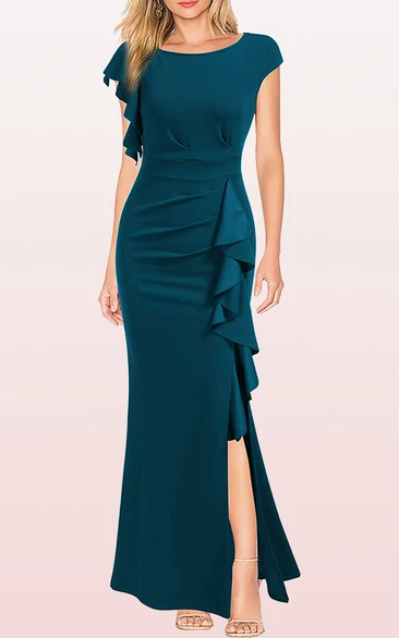 Casual Bateau Jersey Sheath Guest Dress With Ruffles and Split Front