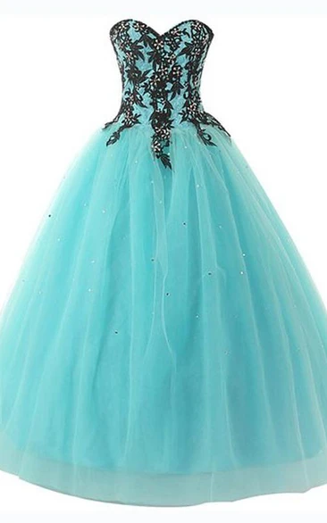 Long Sequined Lace Sweetheart Bell Appliqued Jeweled Lace-Up Ball Gown