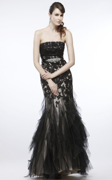 Mermaid/Trumpet Strapless Sleeveless Floor-length Tulle Formal Dress with Appliques and Cascading Ruffles