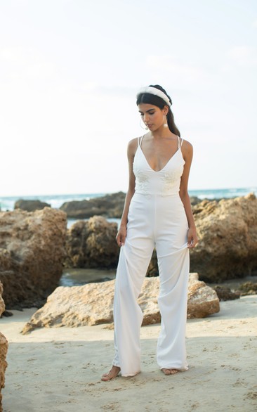 Simple Beach Straps Empire Appliques Open Back Wide Leg Women Wedding Jumpsuit