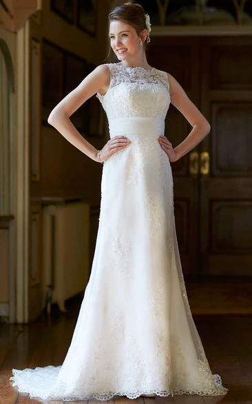 A-line Bateau Sleeveless Floor-length Lace Wedding Dress with Low-V Back and Appliques