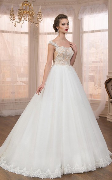 Bateau Cap-sleeve A-line Ball Gown Wedding Dress With Appliques And Low-V Back