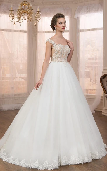 Bateau Cap-sleeve A-line Ball Gown Wedding Dress With Appliques And Low-V Back