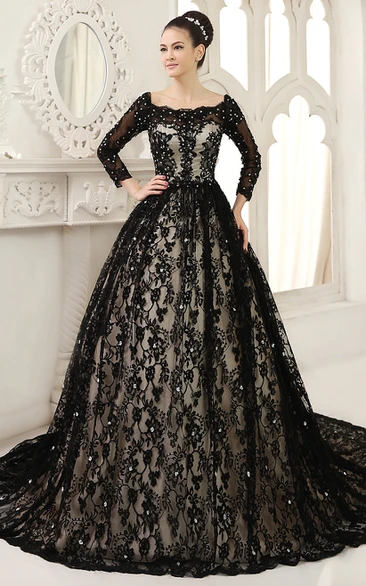 Black Square Neck 3/4 Length Sleeve Ball Gown Tulle/Satin Wedding Dress with Illusion and Beading