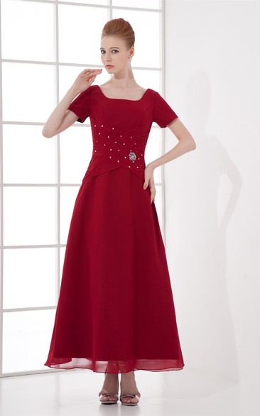 Broach Ruched Ankle-Length Bateau-Neckline Gown