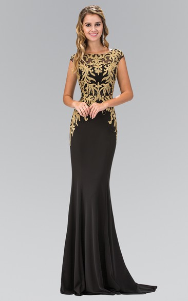 Sheath Bateau Cap-Sleeves Sweep Train Jersey Prom Dress with Illusion and Appliques
