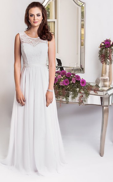 casual Chiffon Sleeveless plus size wedding dress With Embellished Waist And Lace top