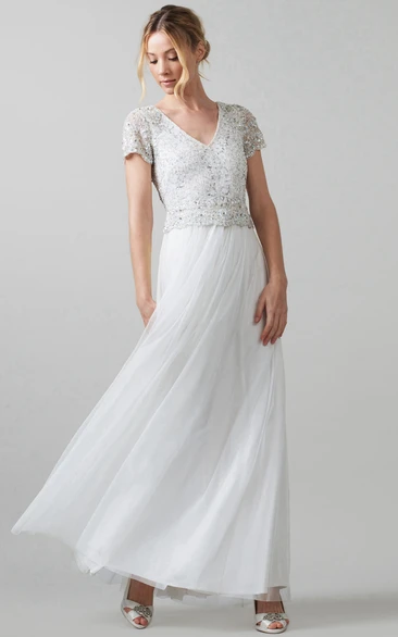 Sheath V-neck Short Sleeve Floor-length Tulle Wedding Dress with Keyhole and Beading