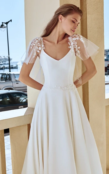 Ethereal A Line Queen Anne Satin Sweep Train Wedding Dress with Ruching and Appliques