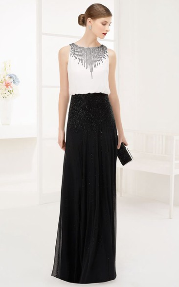 Sheath Scoop Sleeveless Floor-length Chiffon Wedding Guest Dress with Keyhole and Sequins