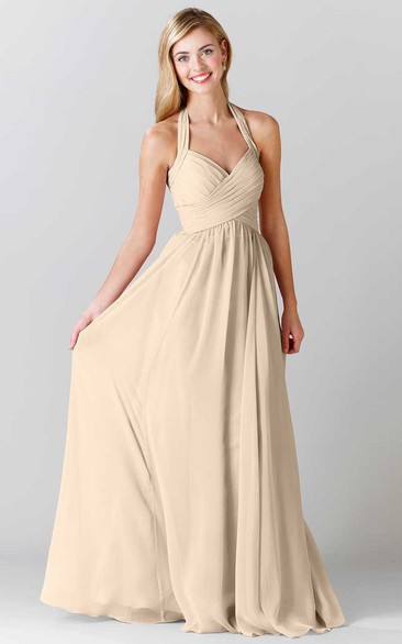 A Line Halter Sleeveless Floor-length Chiffon Bridesmaid Dress with Ruching and Criss Cross