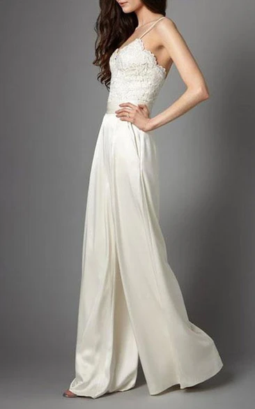 Ethereal Simple Satin Straps Empire Wide Leg Wedding Jumpsuit